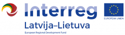 Interreg logo ar Lietuvas, Latvijas un Eiropas Savienības karogu elementiem