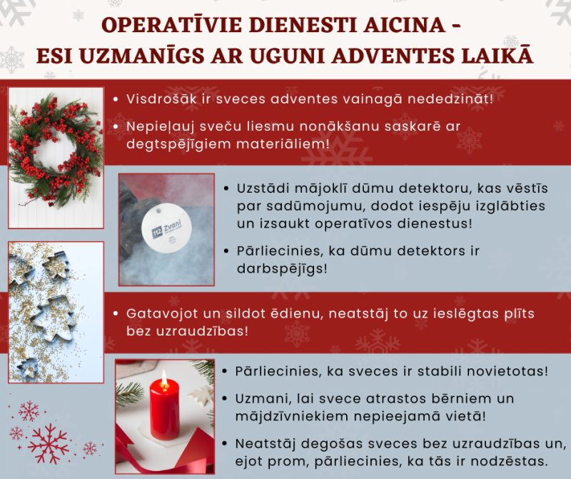 Vizuālis ar informāciju par operatīvo dienestu ieteikumiem drošam Adventes laikam. Labajā malā četri foto - Adventes vaiangs, dūmu detektors, sarkana svece un metāla piparkūku formiņas