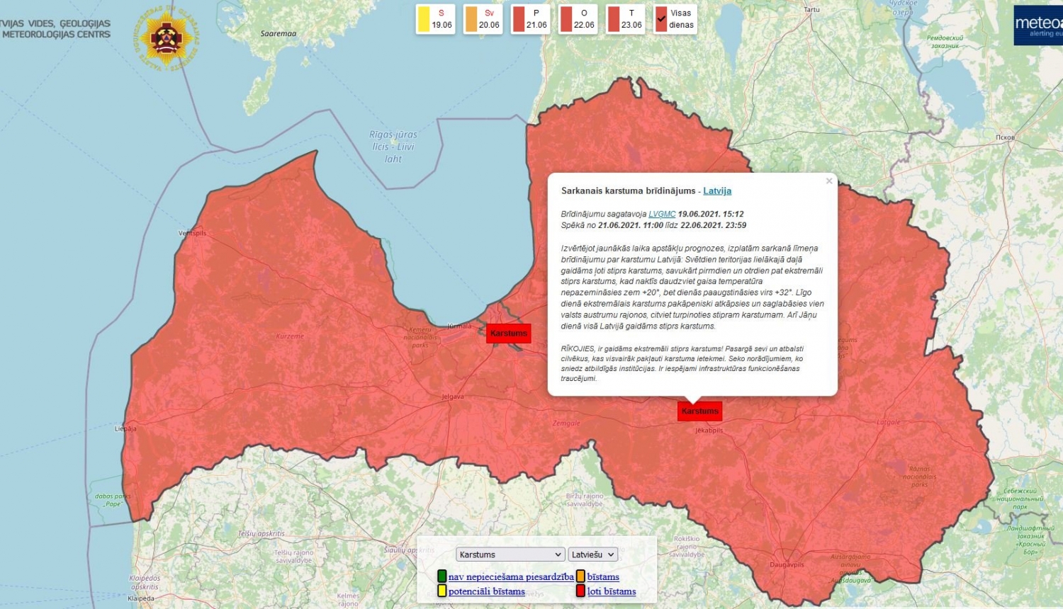 Attēls ar sarkanā brīdinājuma informāciju no https://bridinajumi.meteo.lv/