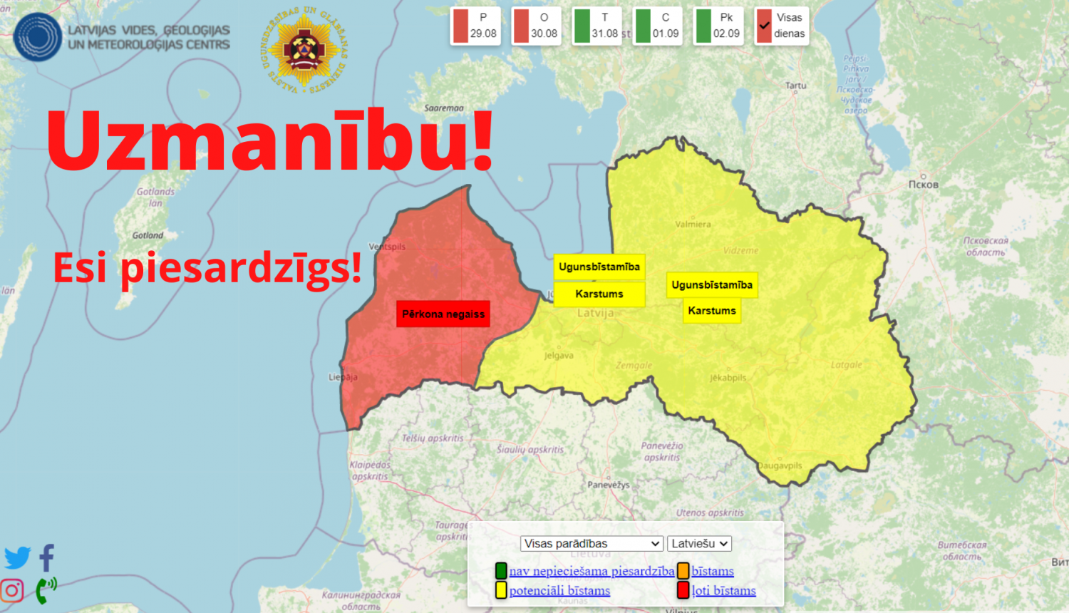 Vizuāls materiāls, kurā redzama Latvijas karte. Valsts rietumu daļa iekrāsota sarkanā krāsā, apzīmējot gaidāmo ekstremālo negaisu