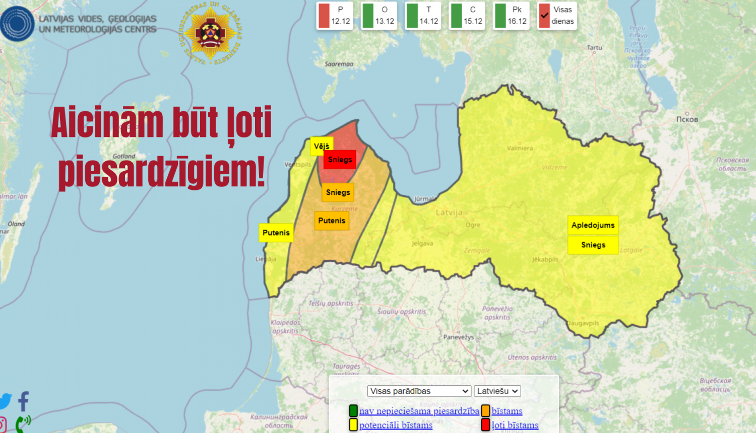Latvijas karte, kurā ar dzeltenas, oranžas un sarkanas krāsas palīdzību uzrādītas teritorijas, kurās gaidāma spēcīga snigšana